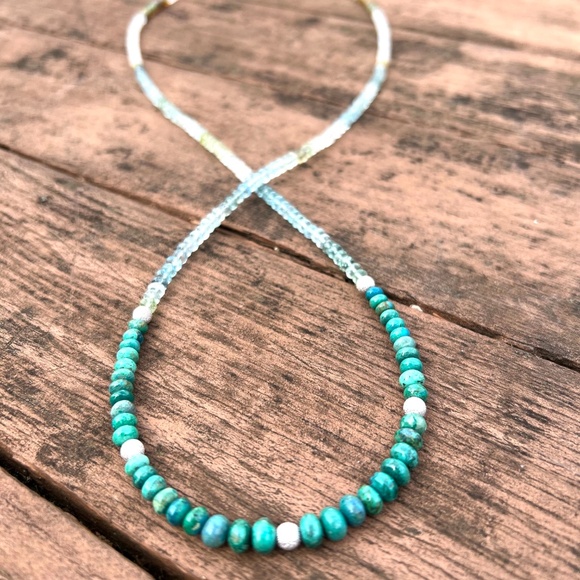 Natural Chrysocolla, Aquamarine, Moonstone Wrap Bracelet Necklace 14k White Gold - Picture 6 of 11